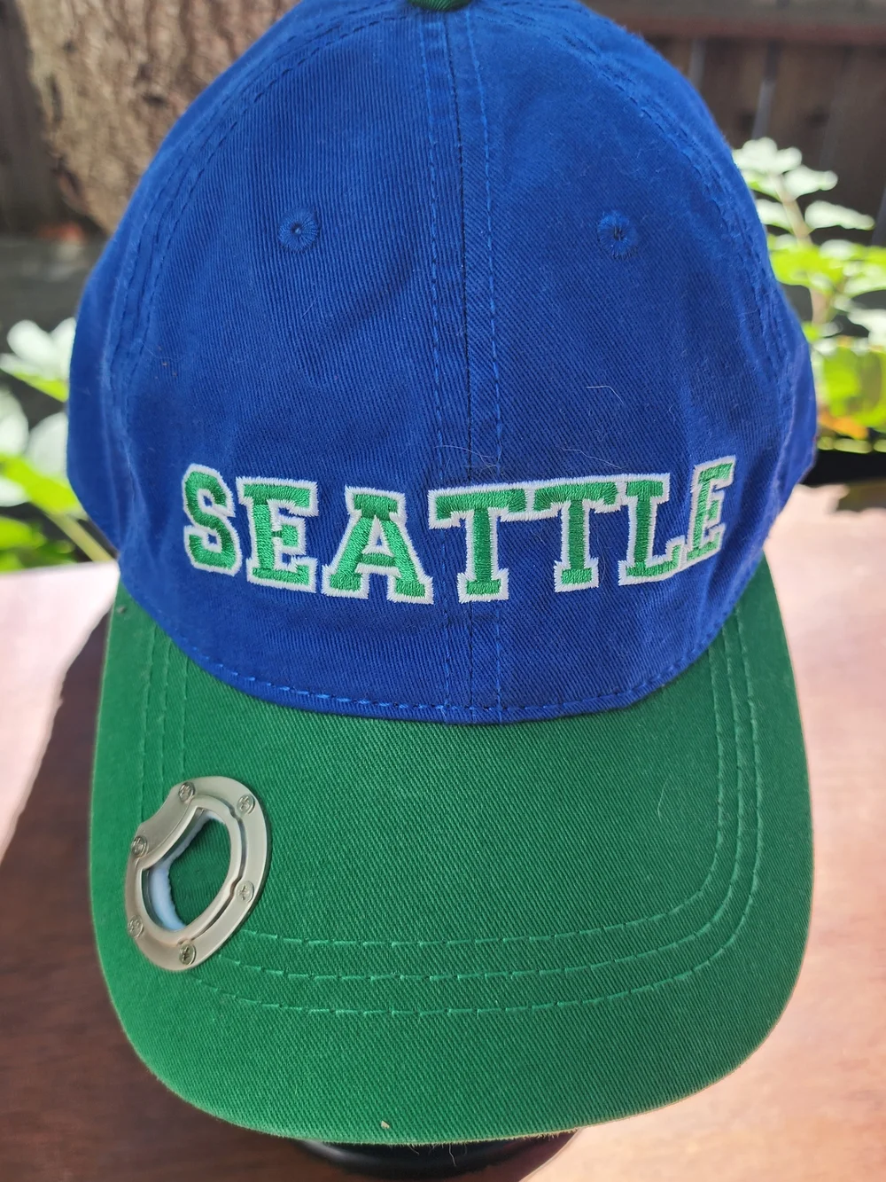 Seattle Baseball Cap Hat with Built-In Metal Bottle Opener Blue Green Adjustable